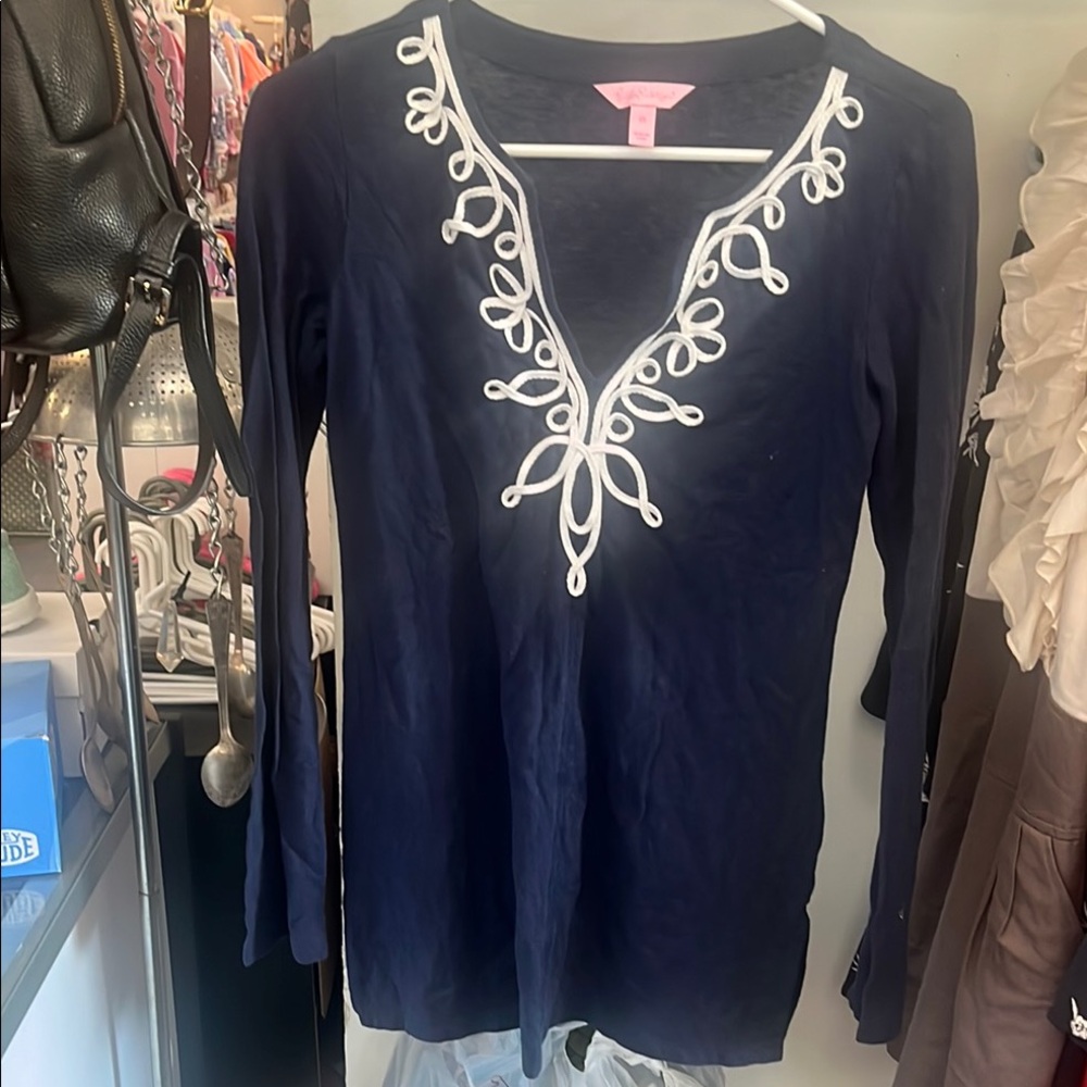 Navy Blue Long Sleeve Top with White Embroidery Lily Pulitzer